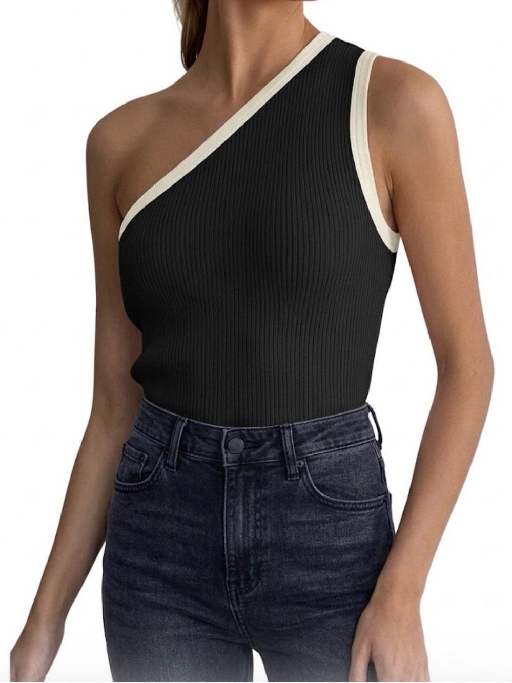Zesica One Shoulder Sweater Black White Stretch Ribbed Knit Size …